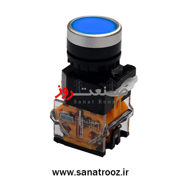 شستی استوپ آبی با یک کنتاکت پارس فانال تصویر شستی استپ آبی با یک کنتاکت پارس فانال مناسب تابلو فرمان صنعتی.